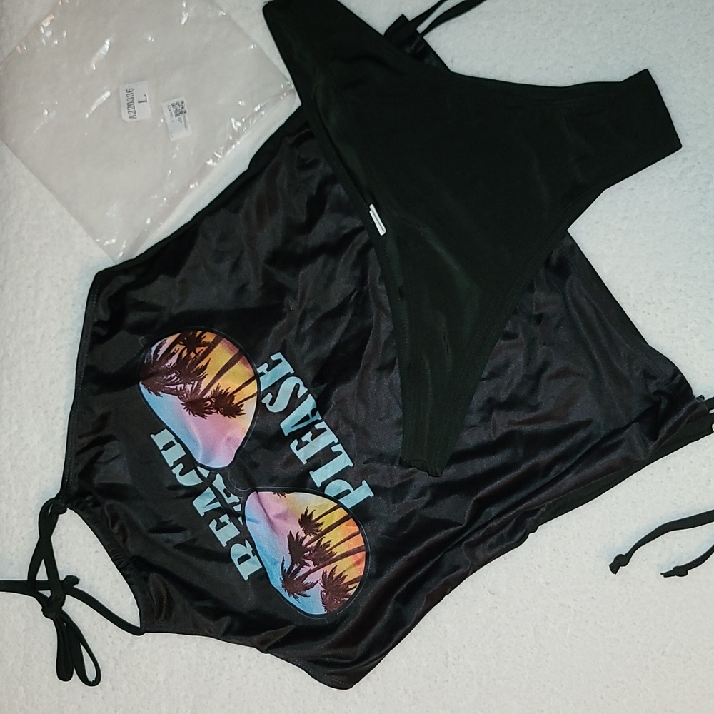Bellelily "Beach Please" Drawstring Halter Tankini Set - Black Size L